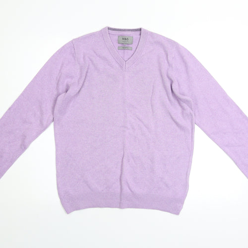 Marks and Spencer Men’s Purple V-Neck Cotton Jumper Size S