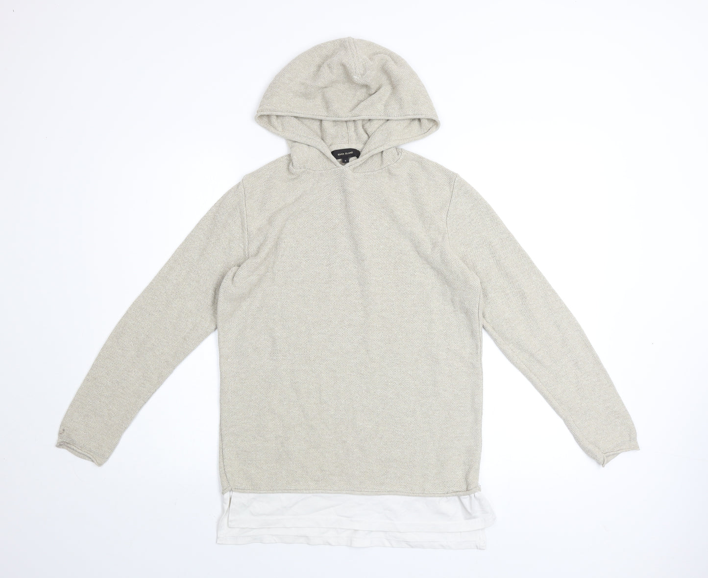 River Island Men Beige Knit Pullover Hoodie Size S Regular Fit