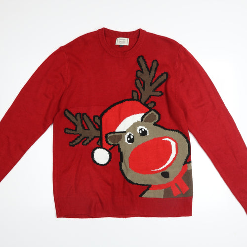 George Men's Red Reindeer Christmas Pullover Jumper Size M