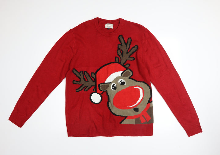 George Men's Red Reindeer Christmas Pullover Jumper Size M