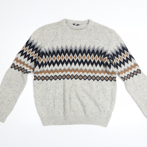 Next Men Beige Fair Isle Knit Jumper L Crew Neck Cotton Blend