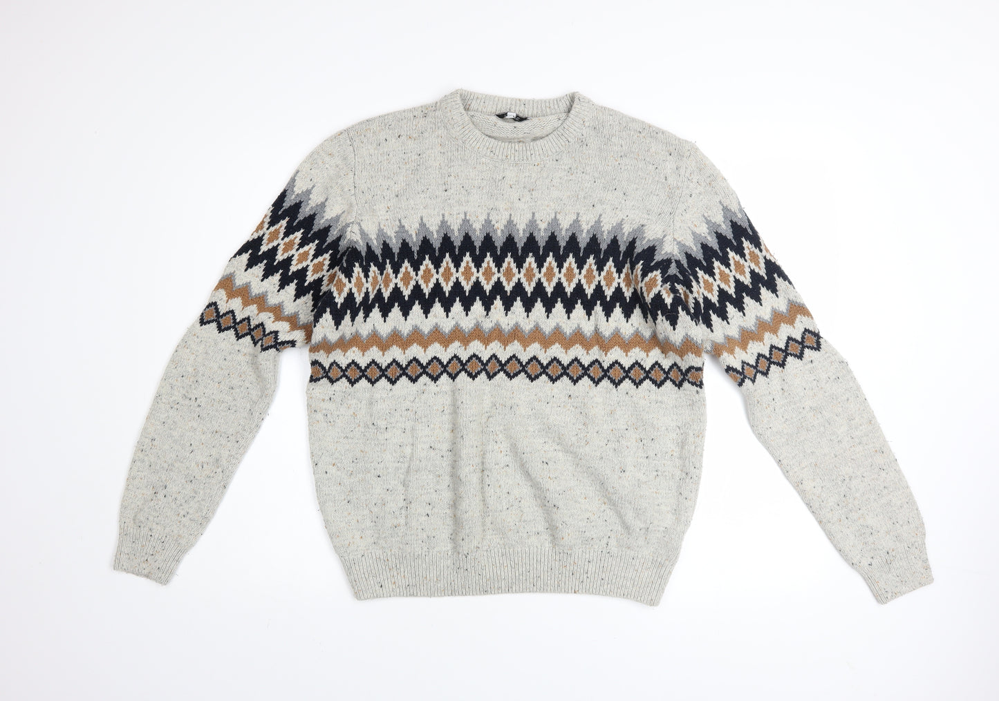Next Men Beige Fair Isle Knit Jumper L Crew Neck Cotton Blend