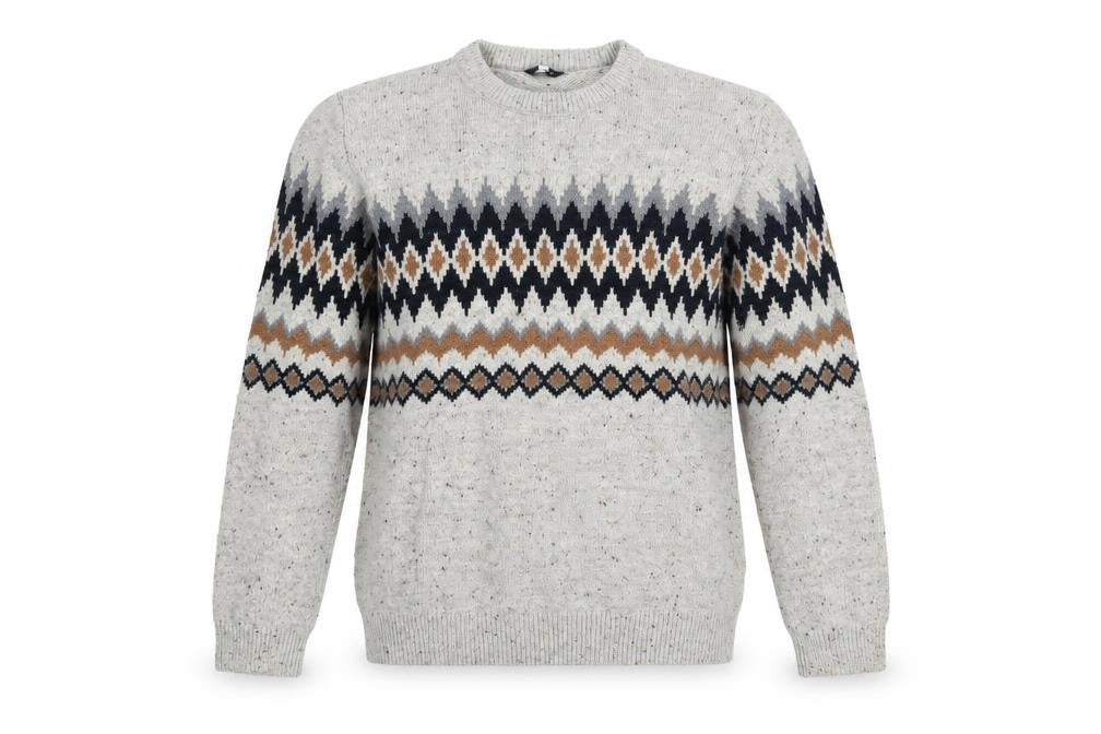 Next Men Beige Fair Isle Knit Jumper L Crew Neck Cotton Blend