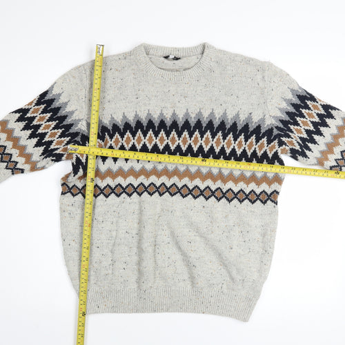 Next Men Beige Fair Isle Knit Jumper L Crew Neck Cotton Blend