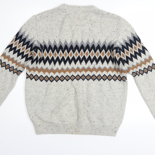 Next Men Beige Fair Isle Knit Jumper L Crew Neck Cotton Blend