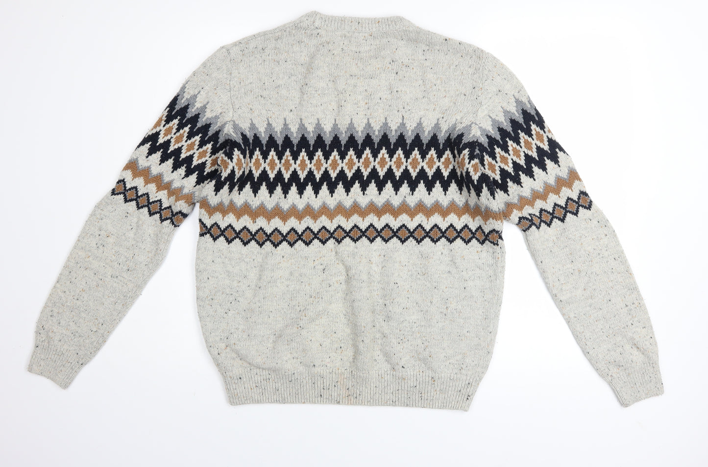 Next Men Beige Fair Isle Knit Jumper L Crew Neck Cotton Blend
