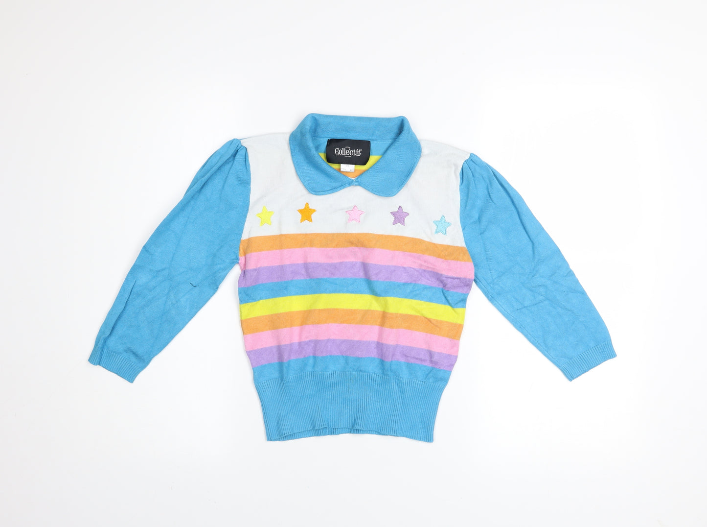 Collectif Women’s Multicoloured Collared Rainbow Stripe Jumper Size 8