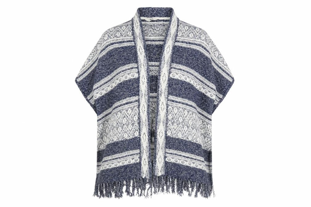 Front view of FatFace Women Blue Open-Knit Striped Cotton Cape M