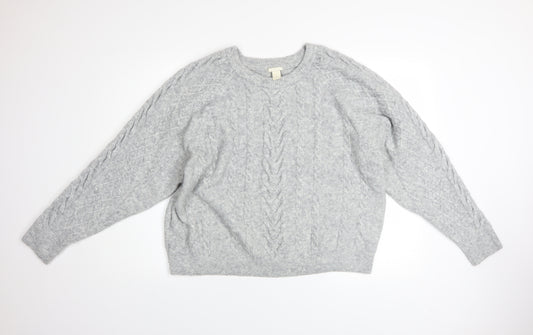 H&M Women’s Grey Cable-Knit Crew Neck Jumper Size XL