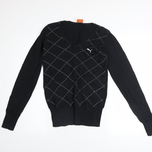 Puma Womens Black V-Neck Argyle Knit Jumper Size 10
