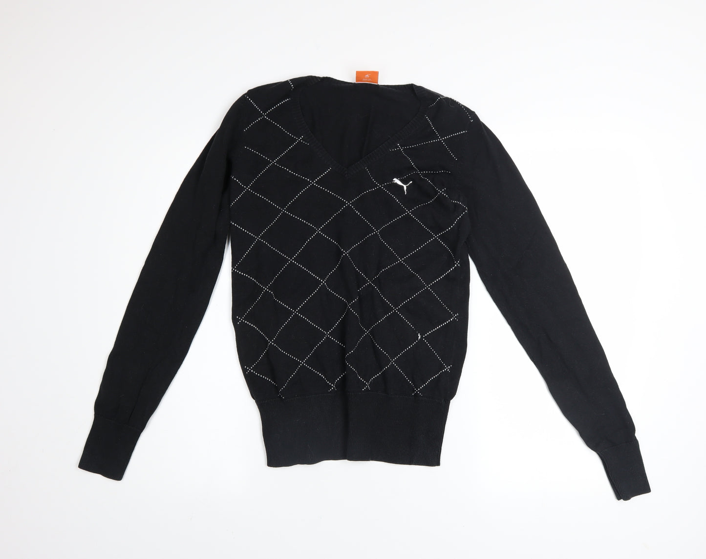 Puma Womens Black V-Neck Argyle Knit Jumper Size 10