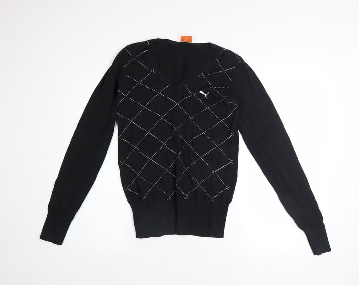 Puma Womens Black V-Neck Argyle Knit Jumper Size 10