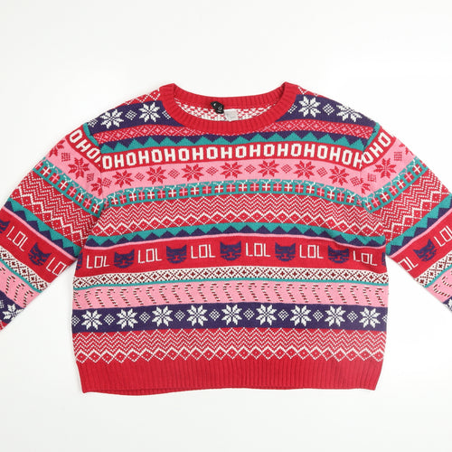 H&M Women’s Red Fair Isle Christmas Pullover Jumper Size L