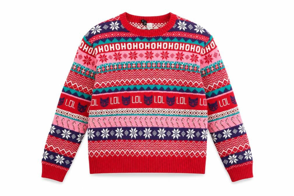 Front view of H&M Women’s Red Fair Isle Christmas jumper, size L