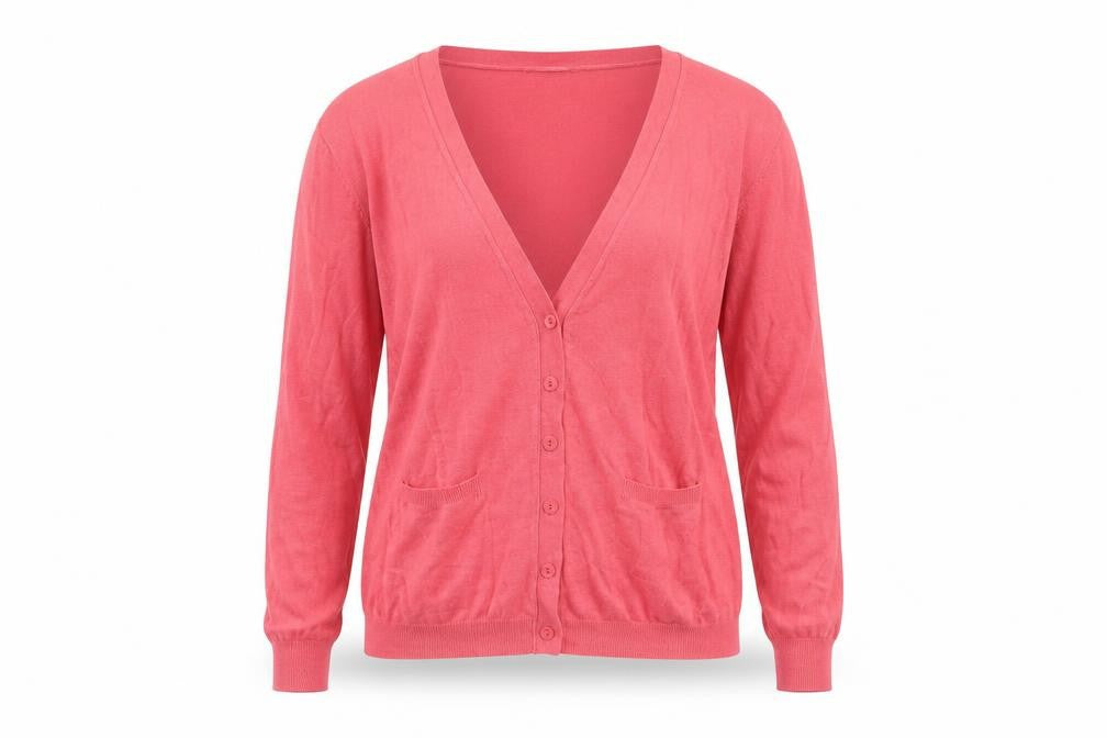 Front view of Monsoon Women's Pink V-Neck Button Cardigan, size S