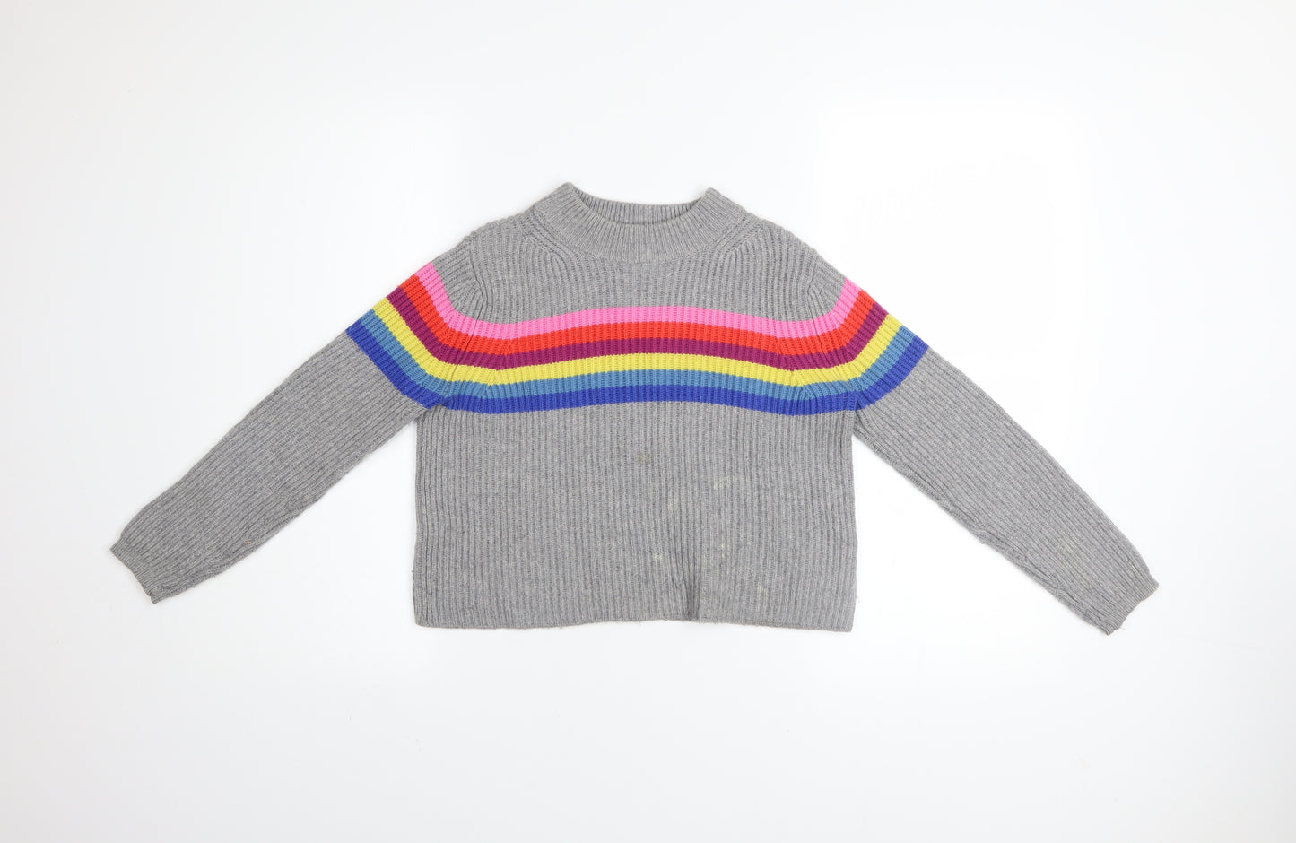 Johnnie B Girls Grey Rainbow Stripe Knit Jumper 9-10 Years Merino Blend