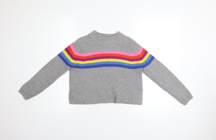 Johnnie B Girls Grey Rainbow Stripe Knit Jumper 9-10 Years Merino Blend