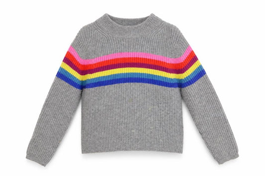 Front view of Johnnie B girls’ grey rainbow stripe knit jumper 9-10 years merino blend