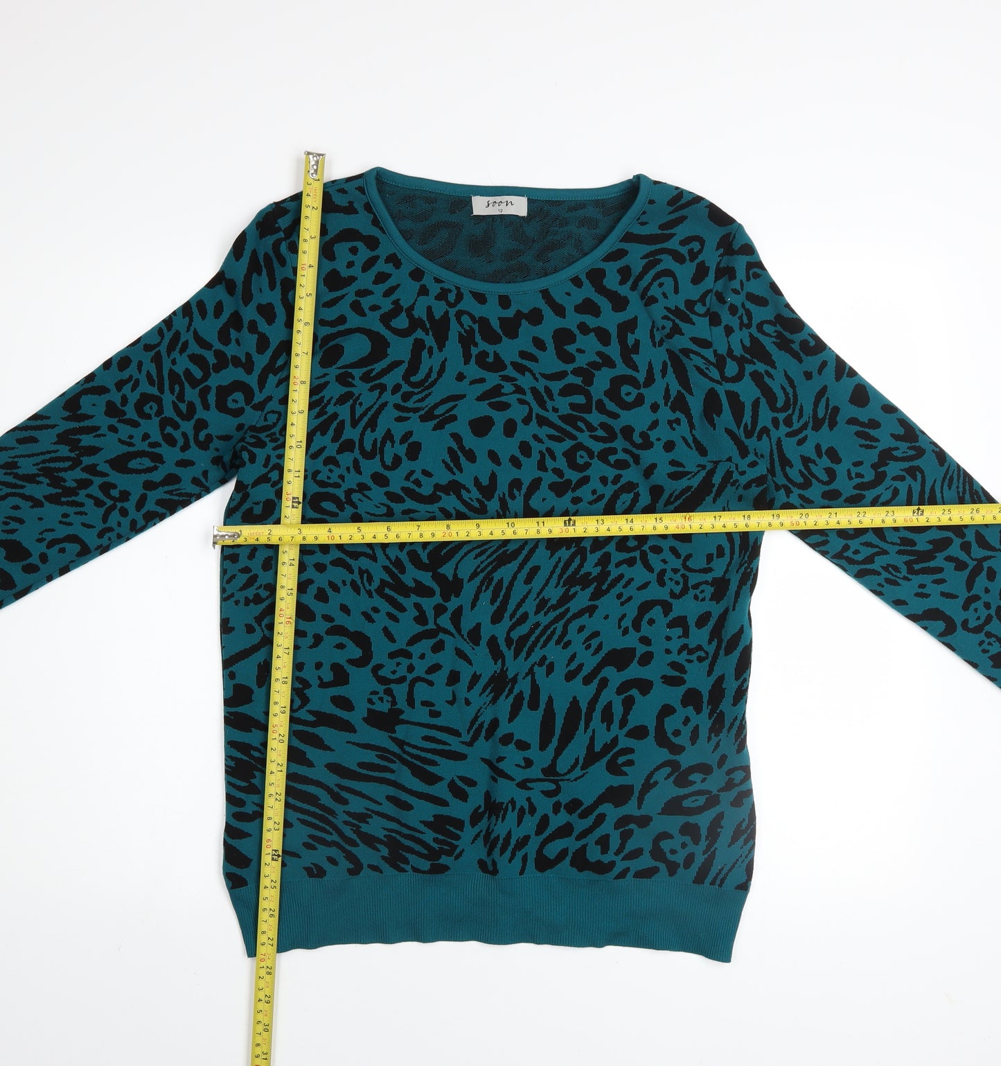 Soon Women’s Blue Leopard Print Crew Neck Jumper Size 12