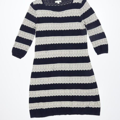 Monsoon Women Blue Striped Cotton Shift Dress Size M 3/4 Sleeve