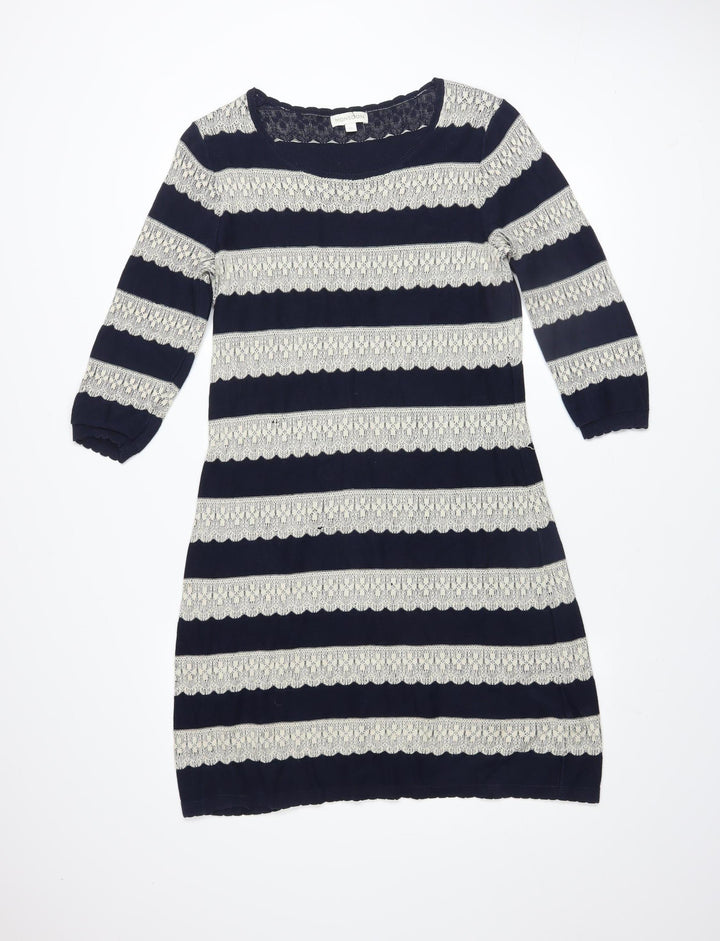 Monsoon Women Blue Striped Cotton Shift Dress Size M 3/4 Sleeve