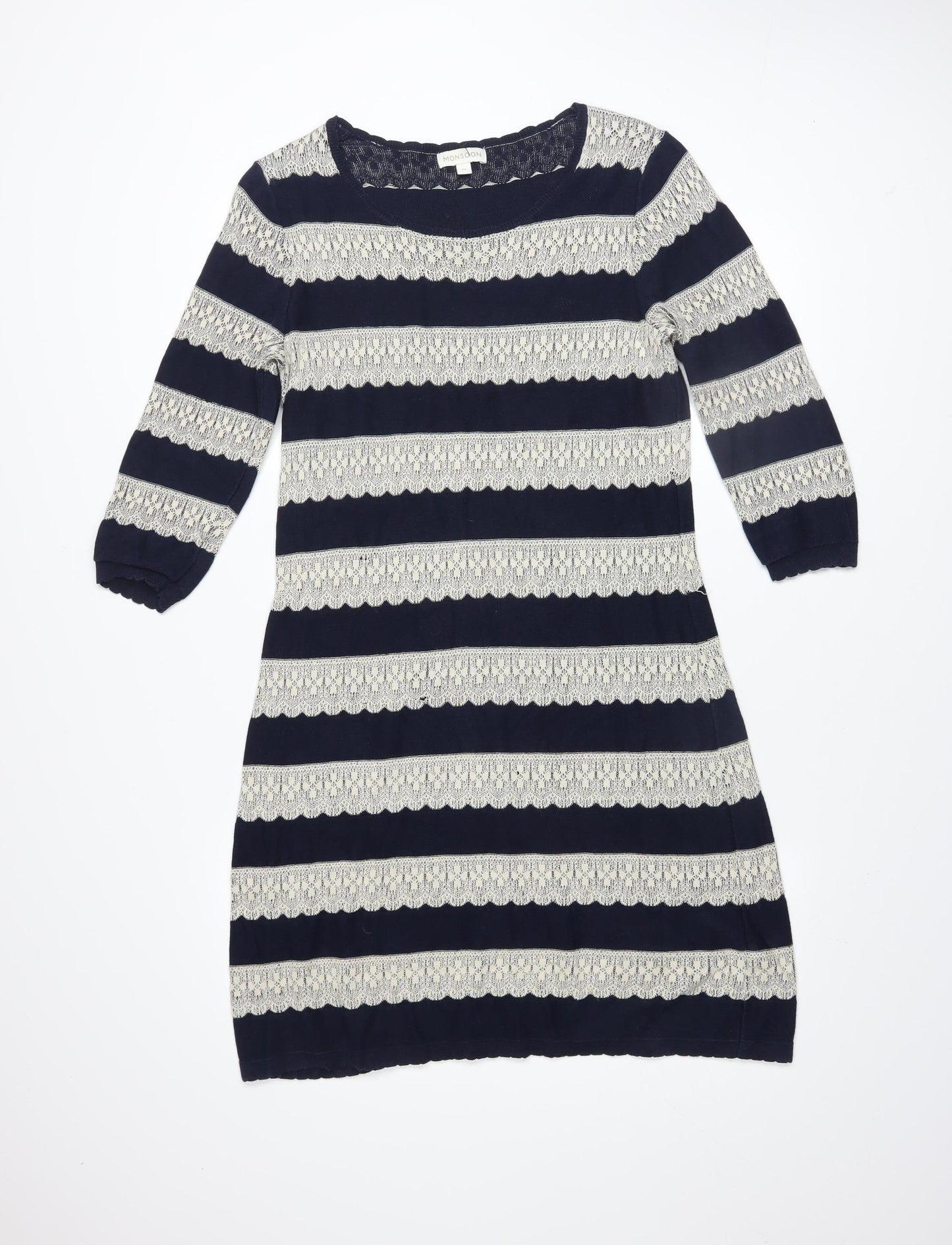 Monsoon Women Blue Striped Cotton Shift Dress Size M 3/4 Sleeve
