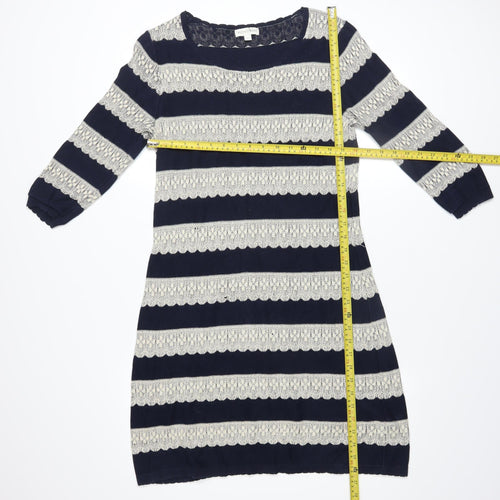 Monsoon Women Blue Striped Cotton Shift Dress Size M 3/4 Sleeve