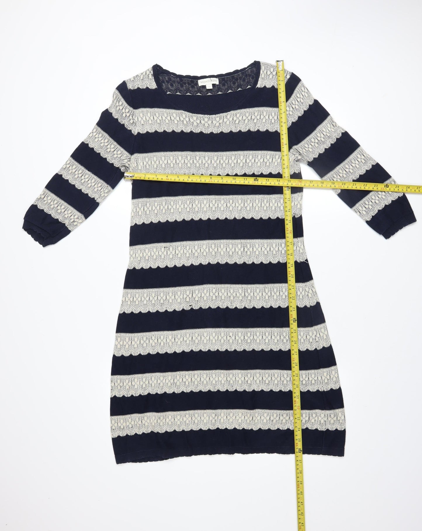 Monsoon Women Blue Striped Cotton Shift Dress Size M 3/4 Sleeve