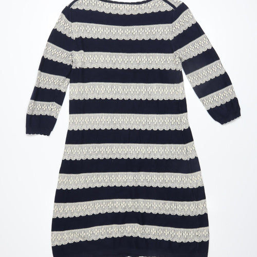 Monsoon Women Blue Striped Cotton Shift Dress Size M 3/4 Sleeve