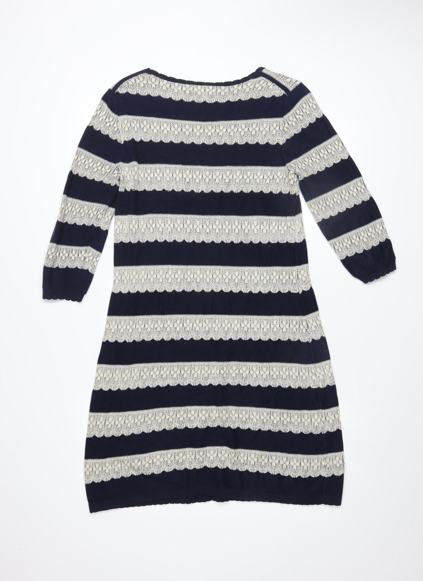 Monsoon Women Blue Striped Cotton Shift Dress Size M 3/4 Sleeve
