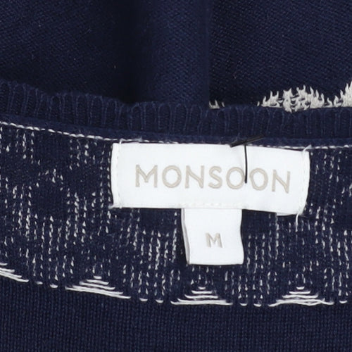 Monsoon Women Blue Striped Cotton Shift Dress Size M 3/4 Sleeve