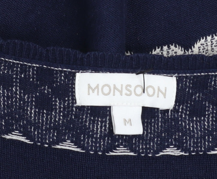 Monsoon Women Blue Striped Cotton Shift Dress Size M 3/4 Sleeve