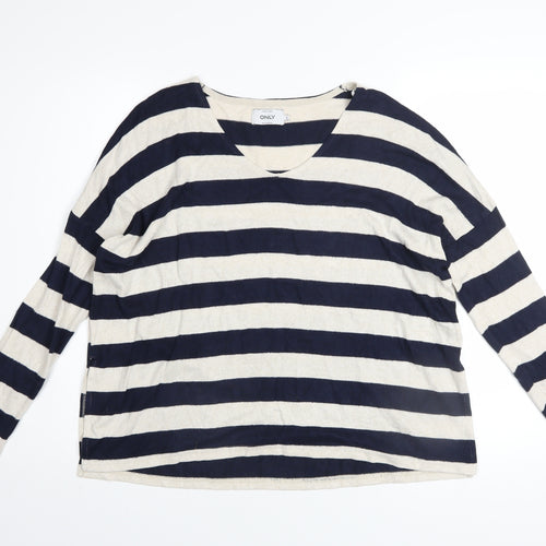 ONLY Women’s Blue Stripe Long Sleeve V-Neck Relaxed Knit Jumper Size S