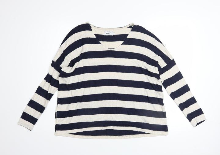 ONLY Women’s Blue Stripe Long Sleeve V-Neck Relaxed Knit Jumper Size S