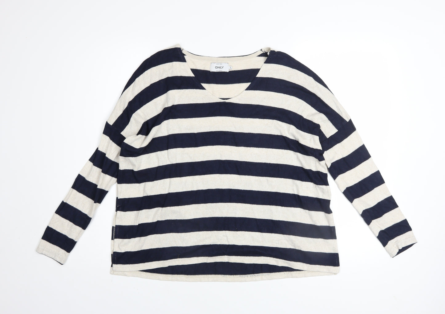 ONLY Women’s Blue Stripe Long Sleeve V-Neck Relaxed Knit Jumper Size S