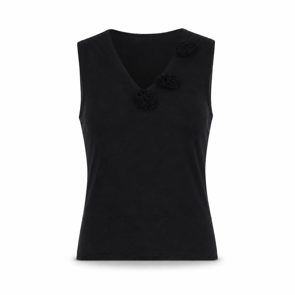 Front view of Kello Women's Black Beaded V-Neck Sleeveless Knit Camisole Top