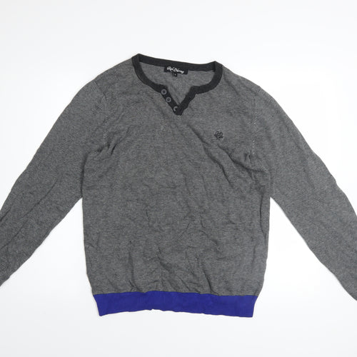 Red Herring Men's Grey Striped Henley Jumper Size S Cotton Knit