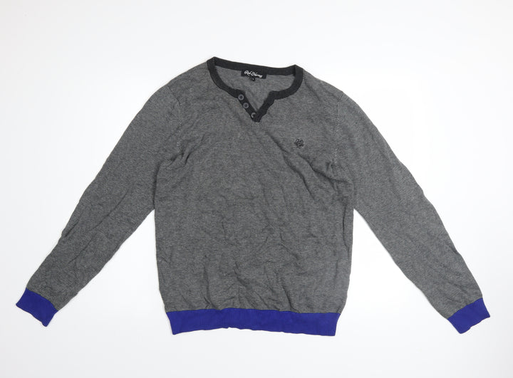 Red Herring Men's Grey Striped Henley Jumper Size S Cotton Knit