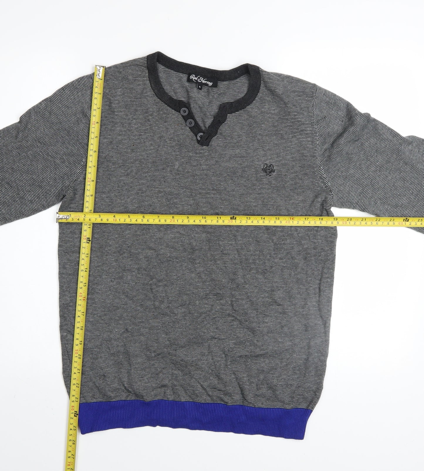 Red Herring Men's Grey Striped Henley Jumper Size S Cotton Knit