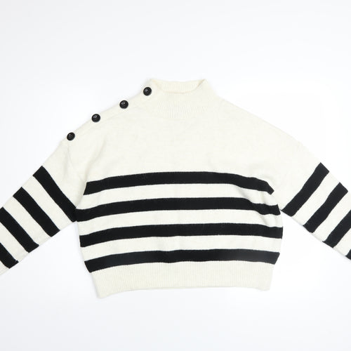Primark Women's White Black Striped Mock Neck Pullover Jumper M