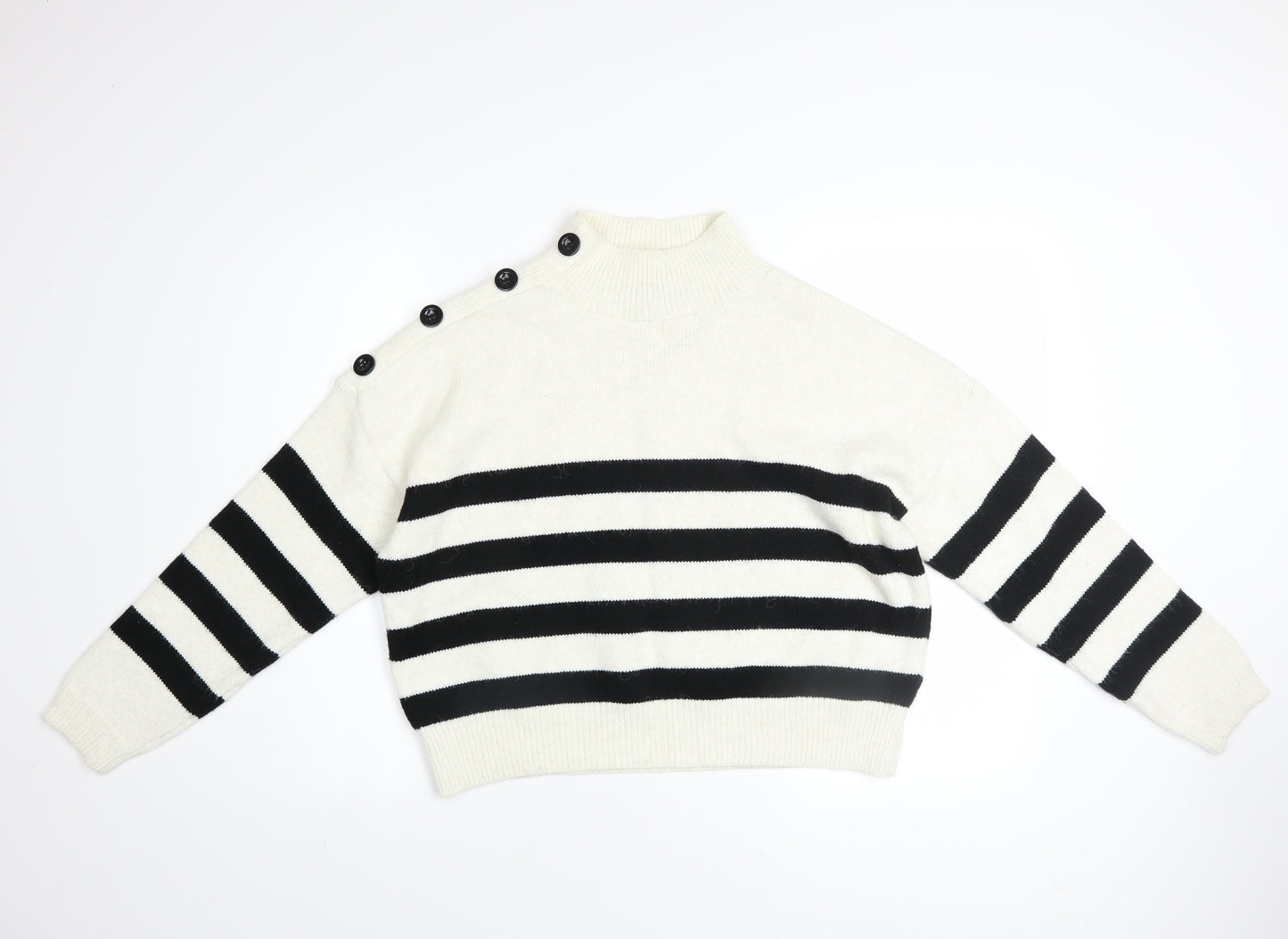 Primark Women's White Black Striped Mock Neck Pullover Jumper M