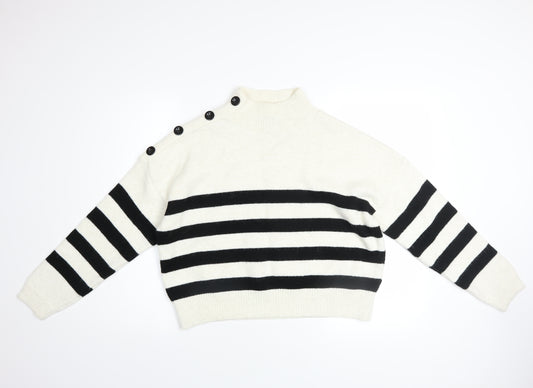 Primark Women's White Black Striped Mock Neck Pullover Jumper M