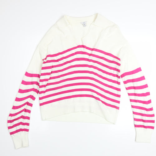 M&Co Women’s Cream Pink Striped V-Neck Long Sleeve Jumper Size 10