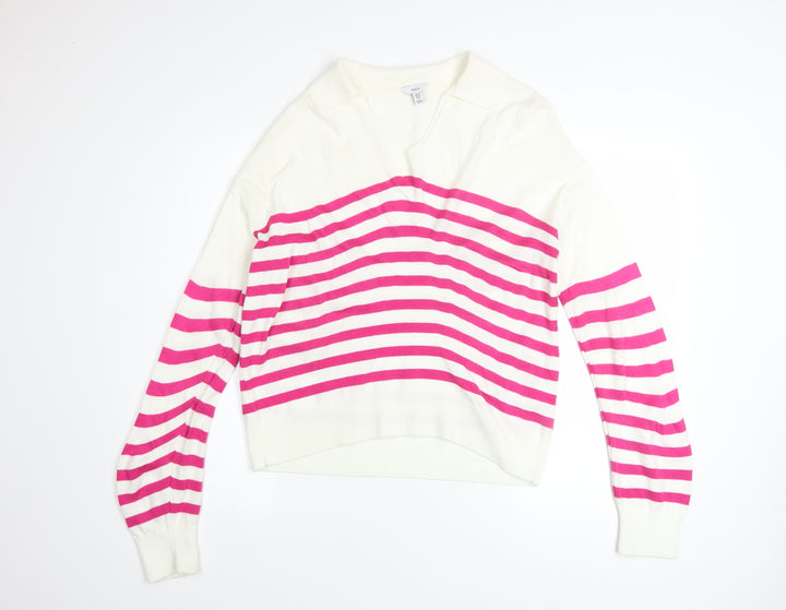 M&Co Women’s Cream Pink Striped V-Neck Long Sleeve Jumper Size 10