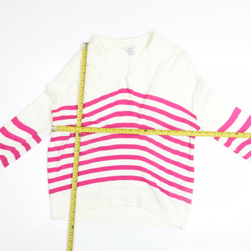 M&Co Women’s Cream Pink Striped V-Neck Long Sleeve Jumper Size 10