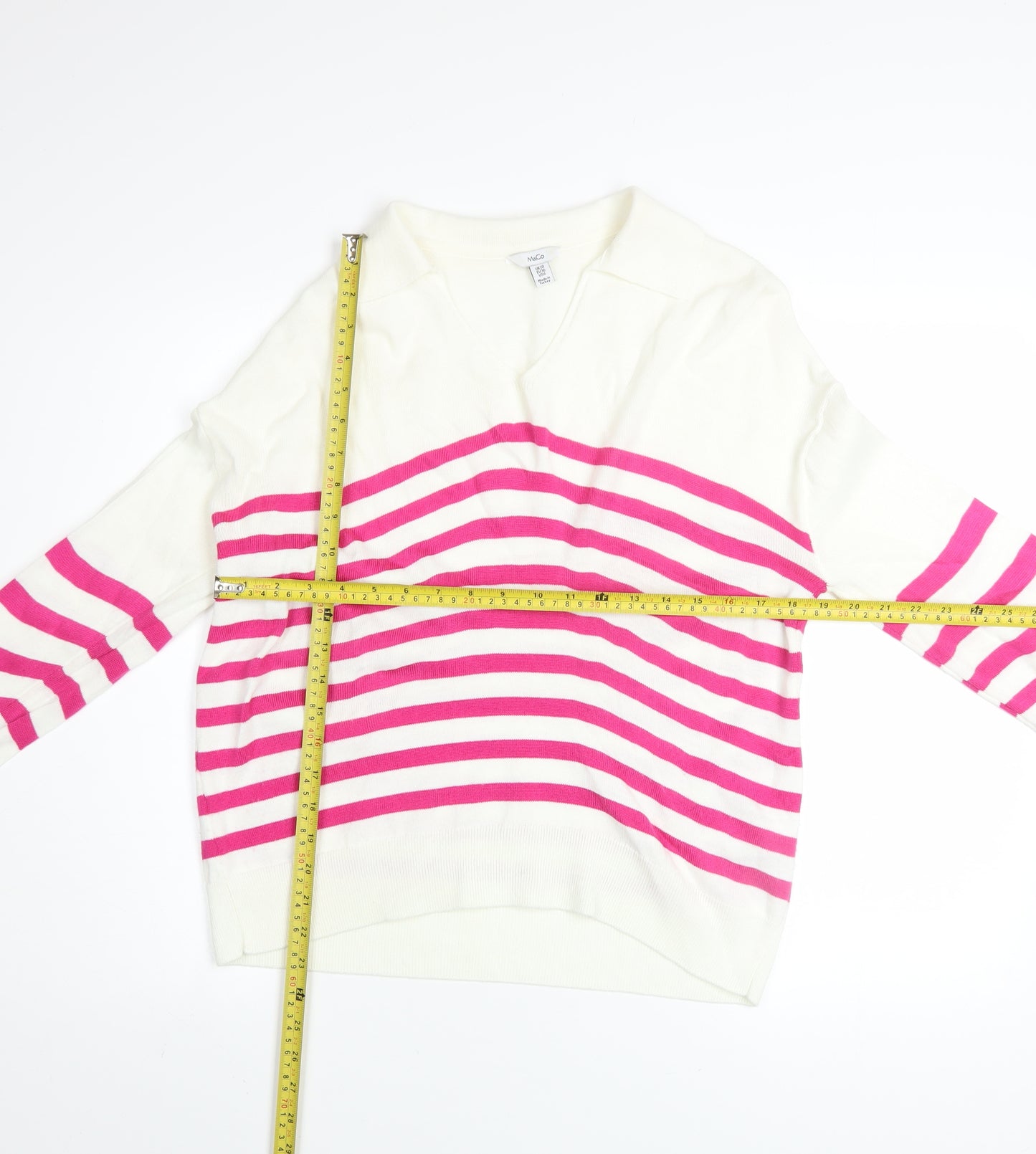 M&Co Women’s Cream Pink Striped V-Neck Long Sleeve Jumper Size 10