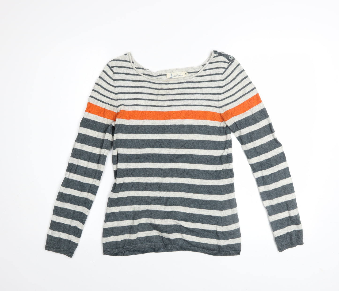 Seasalt Cornwall Women’s Grey Stripe Jumper UK 8 Cotton Wool Boat Neck