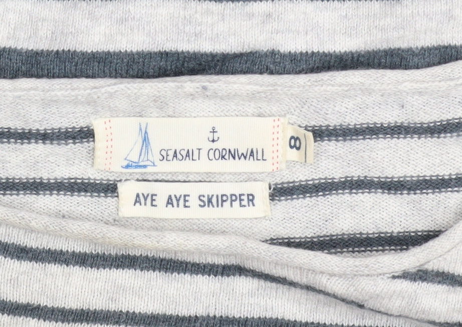 Seasalt Cornwall Women’s Grey Stripe Jumper UK 8 Cotton Wool Boat Neck