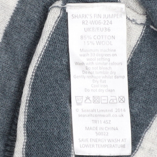 Seasalt Cornwall Women’s Grey Stripe Jumper UK 8 Cotton Wool Boat Neck
