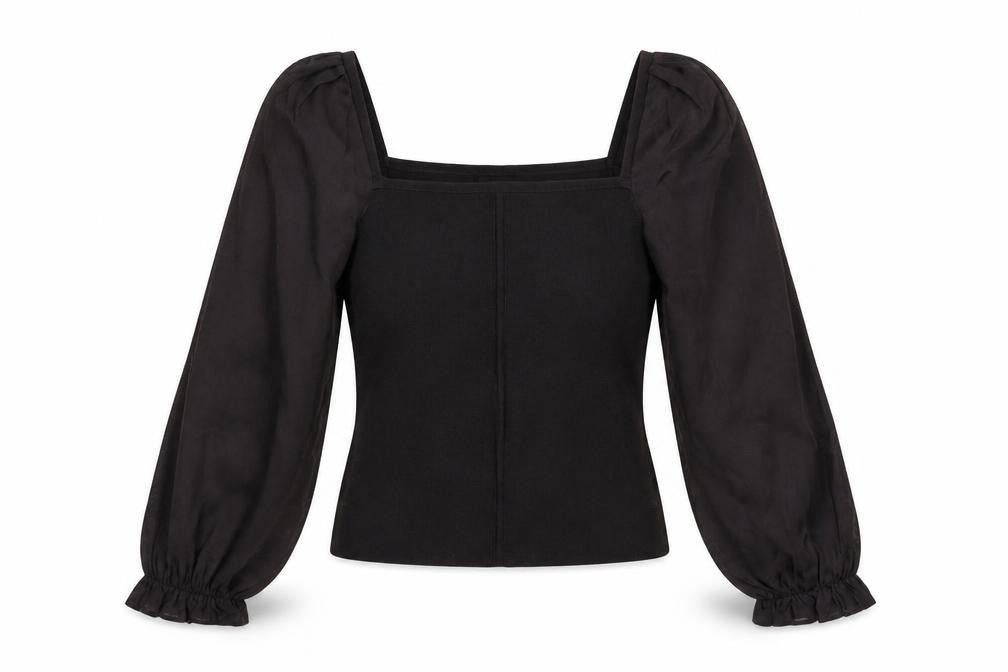 Front view of River Island women’s black puff sleeve square neck blouse, size UK 14